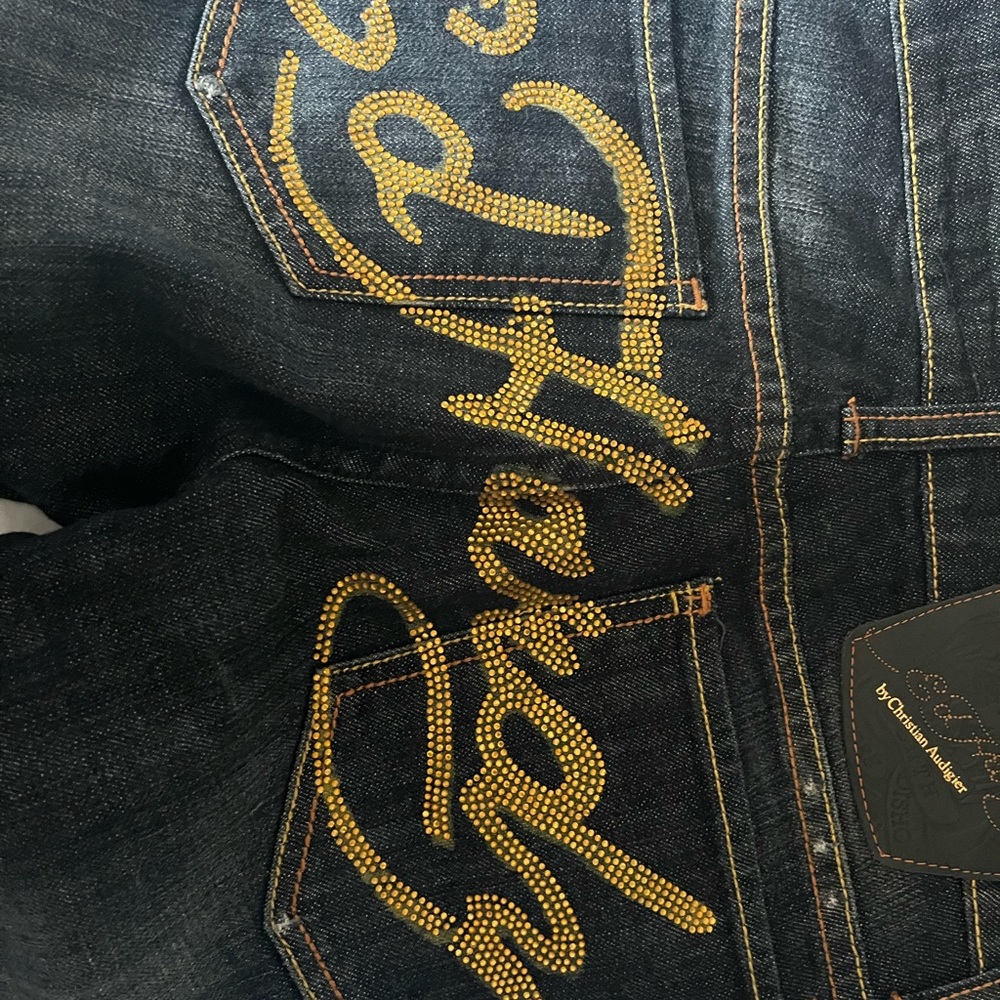 Vintage! Ed Hardy Blue and Gold Boot Cut Jeans with Intricate Embroidery